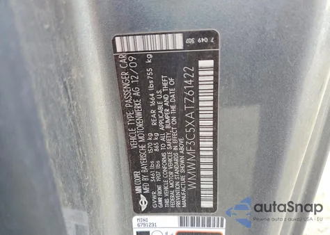 2010 Mini Cooper z USA, uszkodzony, nr VIN WMWMF3C5XATZ61422